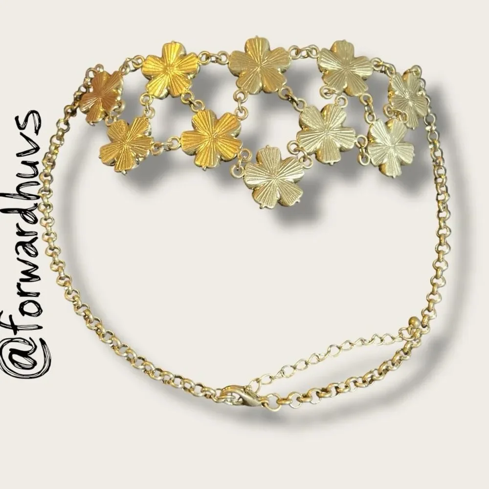 Gold Tone Floral Bib Necklace with AB Rhinestones
